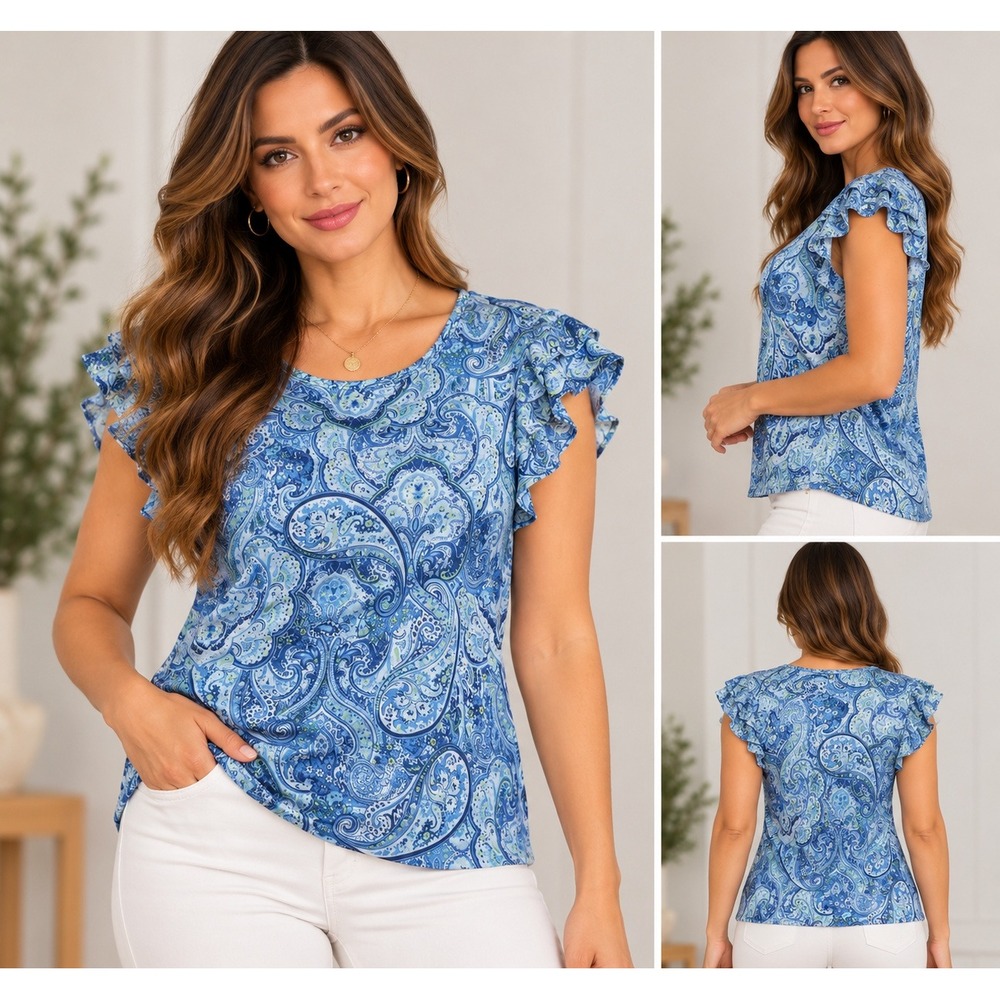 Vince Camuto Blue Paisley Flutter Sleeve Mesh Top Blouse 91624614 L